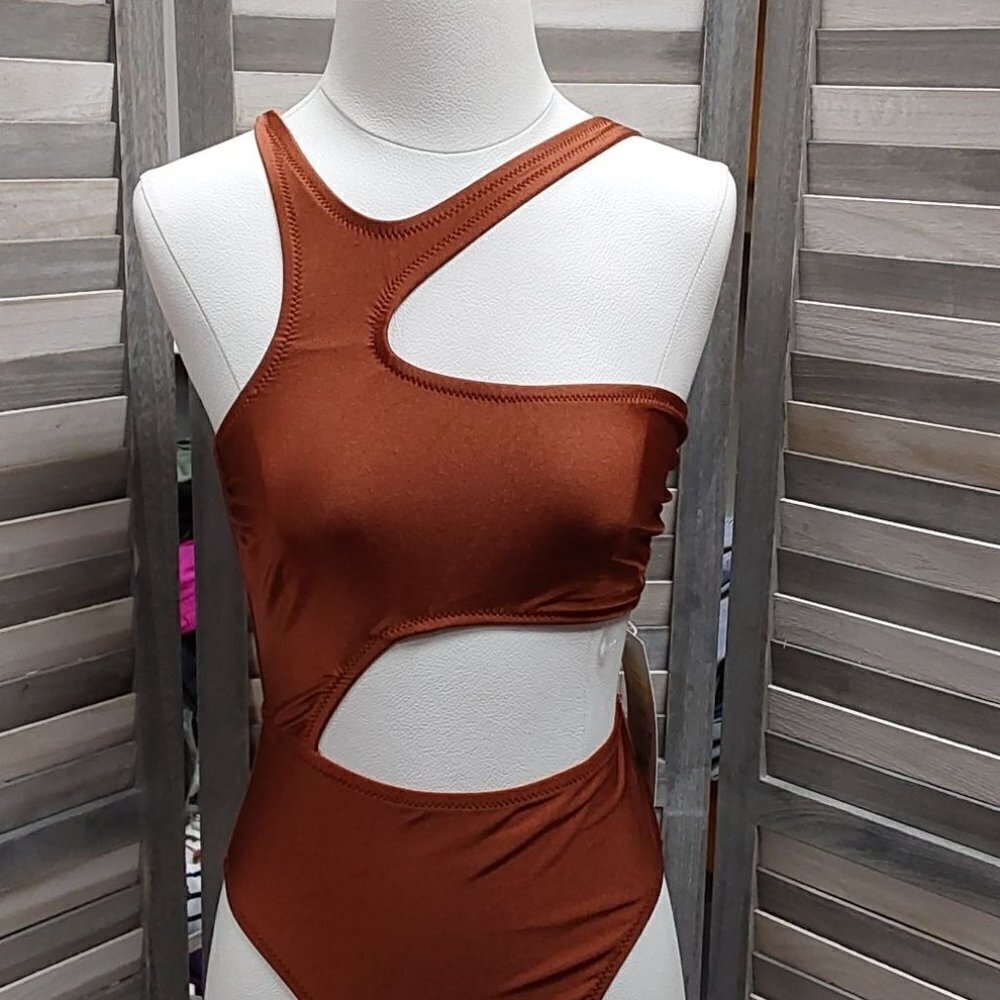 Asymmetrical Metallic Cut Out High Leg Cheeky Swimsuit | Fe Noel | Small